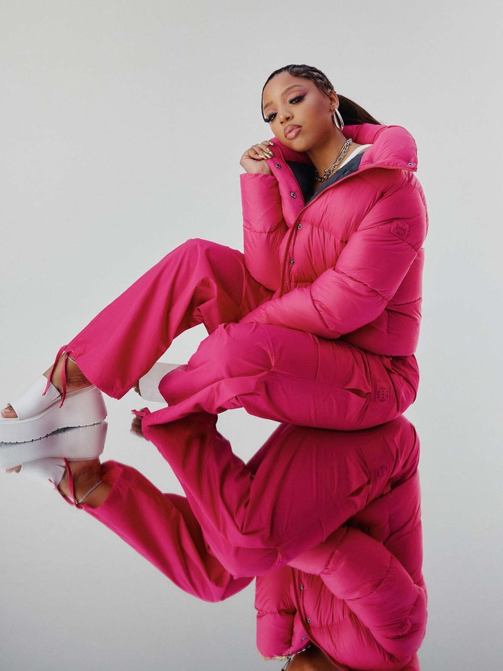 PINK x Chloe x Halle Cropped Puffer Jacket XL Catwalk Pink Custom Libra